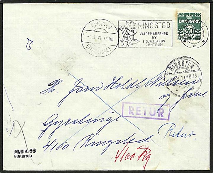 30 øre grøn bølgelinie på brev fra Ringsted d. 28.1.1971 til Gyrstinge. Brevet er returneret. Ringsted / (Gyrstinge) pr. stempel.