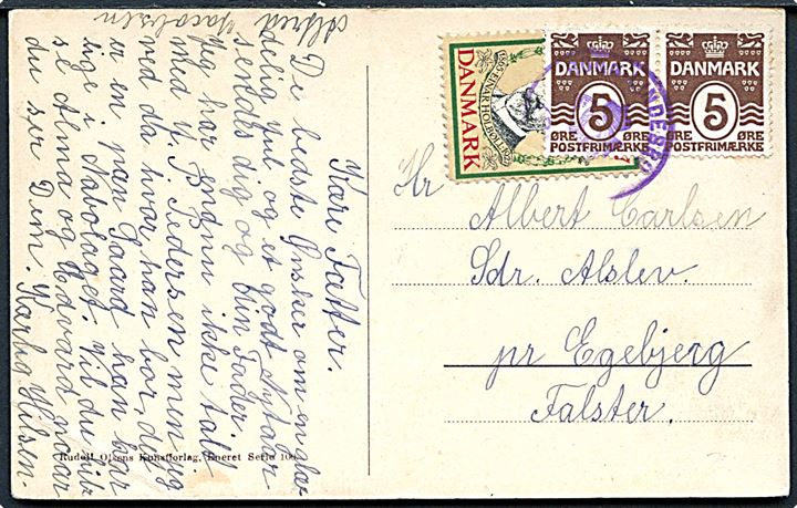 5 øre Bølgelinie i parstykke og Julemærke 1927 på julekort annulleret med posthornstempel BOGØ - LINDEBRO (BOGØ) til Sdr. Alslev pr. Egebjerg.