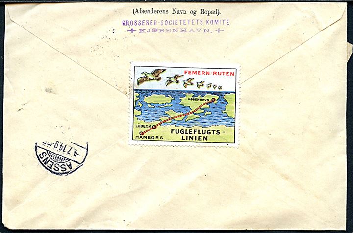 20 øre Chr. X på adressebrev for pakke fra Kjøbenhavn d. 3.7.1914 til Assens. På bagsiden mærkat for Fugleflugts-Linien.