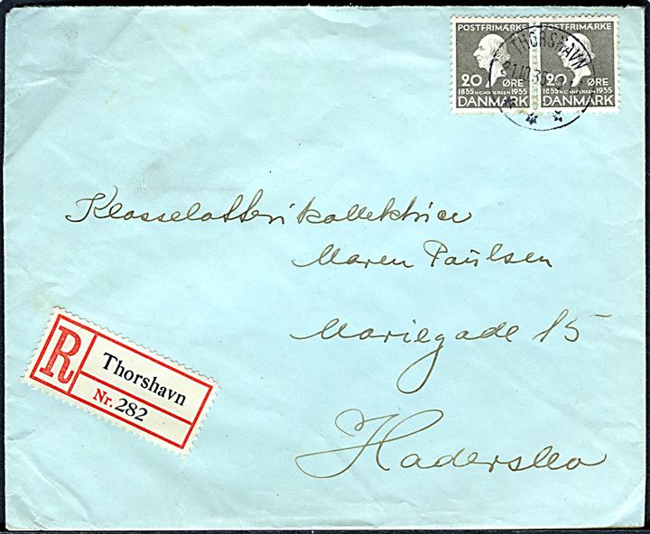 20 øre H. C. Andersen på anbefalet brev annulleret med brotype IIIc Thorshavn d. 21.10.1935 til Haderslev.