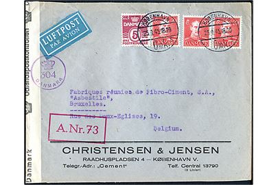 5 øre Bølgelinie og 20 øre Chr. X (3) på luftpostbrev fra København d. 25.9.1945 til Bruxelles, Belgium. Rødt rammestempel med licens-nr. A. Nr. 73. Åbnet af dansk efterkrigscensur (krone)/304/Danmark.