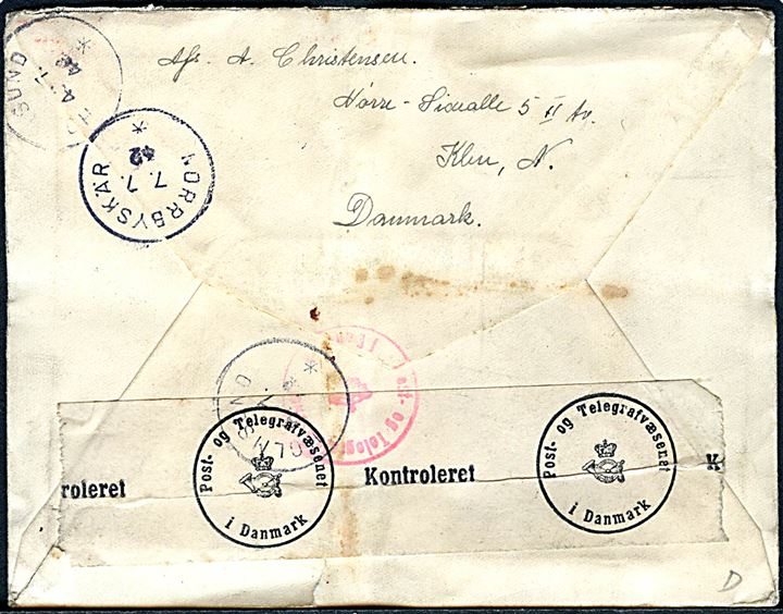 20 øre Karavel på brev fra København d. 26.6.1942 til sømand ombord på S/S Clara via rederi i København - eftersendt til Umeå og Norrbyskär i Sverige og returneret til København Passér stemplet Ak. 