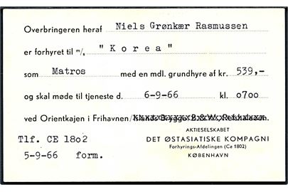 Forhyringsseddel vedr. møde ved Orientkajen i Frihavnen  d. 6.9.1966 for sømand ombord på M/S Korea.