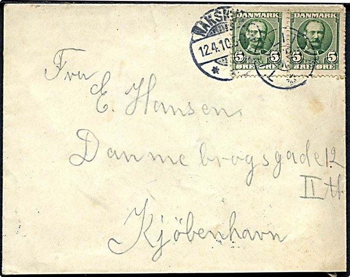 5 øre Fr. VIII i parstykke på brev annulleret med stjernestempel TILLITZE og sidestemplet Nakskov d. 12.4.1910 til København.