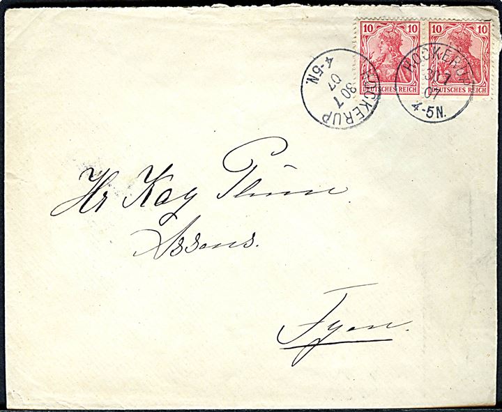 10 pfg. Germania i parstykke på brev stemplet Hockerup d. 30.7.1907 til Assens, Danmark. 