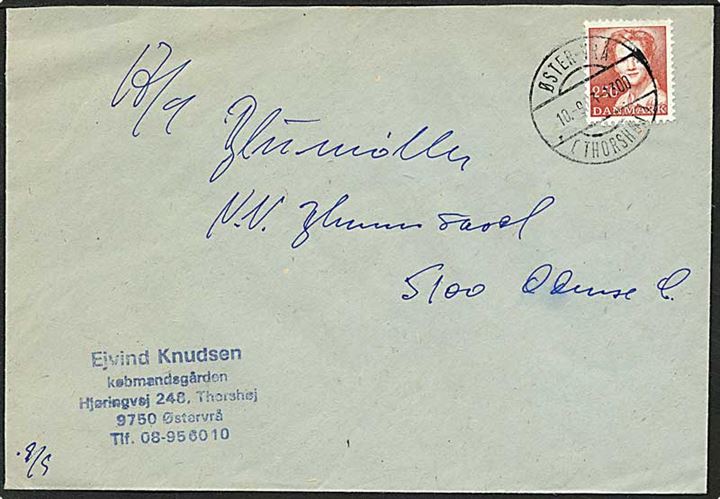 2,70 kr. rød Dr. Margrethe på brev fra Thorshøj d. 10.9.1983 til Odense. Øster-Vrå / (Thorshøj) pr. stempel.