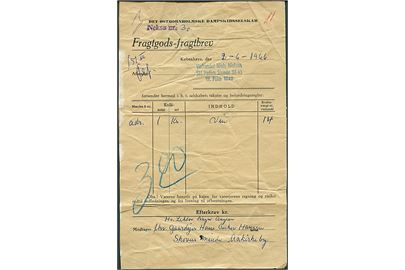 Det Østbornholmske Dampskibsselskab Fragtgods-Fragtbrev for kasse vin afsendt fra København d. 2.6.1966 via Neksø til Aakirkeby.