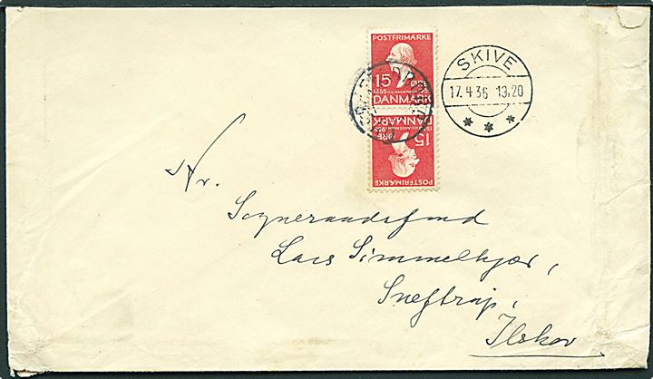 15 øre H.C.Andersen i tête-bêche parstykke på brev annulleret med udslebet stjernestempel OVER-FELDBORG og sidestemplet Skive d. 17.4.1936 til Ilskov. Kuvert klippet i toppen.