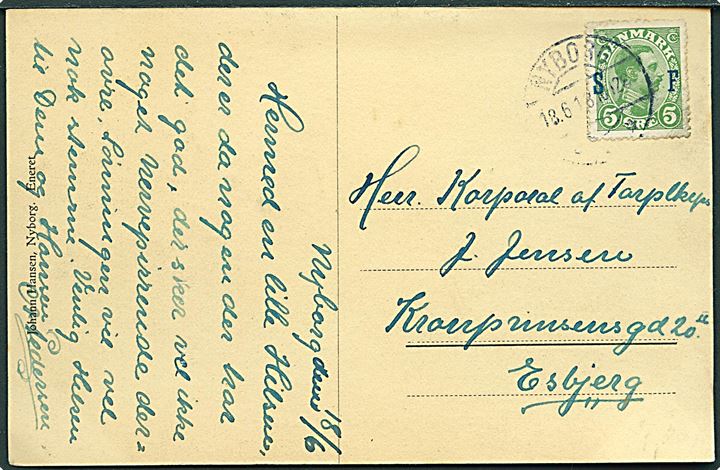5 øre Soldaterfrimærke på brevkort fra Nyborg d. 18.6.1916 til Esbjerg.