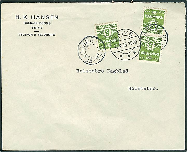 5 øre Bølgelinie i single og Tête-Bêche parstykke på brev annulleret med udslebet stjernestempel OVER-FELDBORG og sidestemplet Skive d. 6.9.1935 til Holstebro.