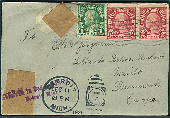 Amerikansk 5 cents frankeret brev fra Detroit d. 11.12.1926 til Maribo, Danmark. Stemplet: Received in Bad condition / Detroit Mich.