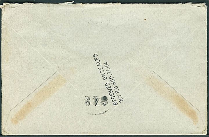 5 cents Roosevelt på brev fra New York d. 25.12.1935 til Aalborg, Danmark. På bagsiden stemplet Received unsealed N.Y.P.O.HUD.TERM.