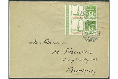 5 øre Bølgelinie og Galle & Jessen Reklamemærke fireblok på brev fra Risskov annulleret med bureaustempel Aarhus - Grenaa T.1075 d. 8.9.1931 til Aarhus.
