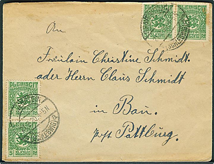 5 pfg. Fælles udg. i 2 parstykker på brev stemplet Gravenstein *(Schleswig)a d. 21.2.1920 til Bau pr. Pattburg.