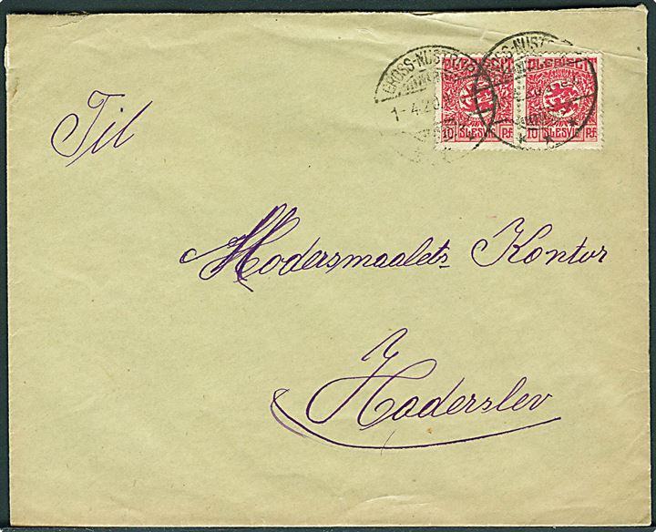10 pfg. Fælles udg. i parstykke på brev stemplet Gross-Nusstrup d. 1.4.1920 til Haderslev.