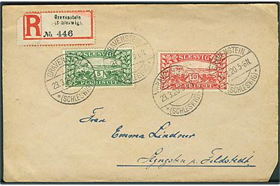 5 mk. og 10 mk. Fælles udg. på filatelistisk anbefalet brev stemplet Gravenstein *(Schleswig)* d. 23.3.1920 til Feldstedt.
