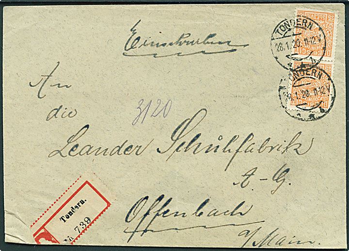 25 pfg. Fælles udg. i parstykke på anbefalet brev fra Tondern **b d. 28.1.1920 til Offenbach, Tyskland. Bagklap mgl. og foldet i bunden.