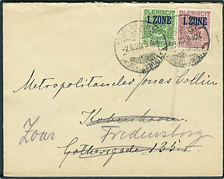 5 øre og 15 øre 1. Zone på brev stemplet Hadersleben *(Schleswig)1* d. 2.6.1920 til København - eftersendt til Fredensborg.