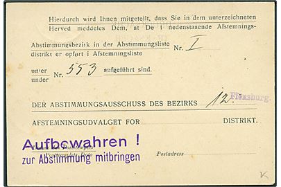Ufrankeret valgkort fra afstemningen i 2. Zone sendt lokalt i Flensburg d. 22.2.1920.