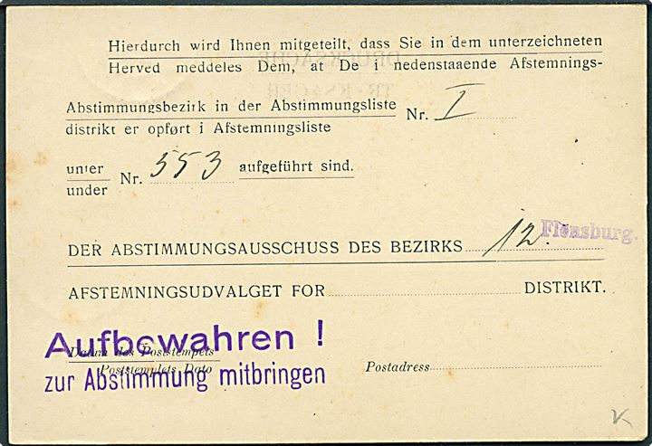 Ufrankeret valgkort fra afstemningen i 2. Zone sendt lokalt i Flensburg d. 22.2.1920.