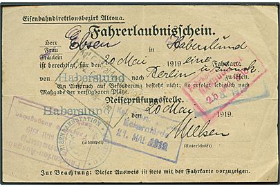 Fahrererlaubnisschein fra Eisenbahndirektionbezirk Altona for rejse fra Haberslund d. 20.5.1919 til Berlin og retur. Flere stempler.