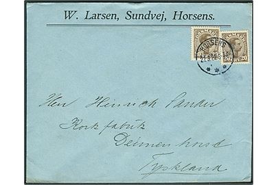 20 øre Chr. X (2) på brev fra Horsens d. 27.3.1922 til Delmenhorst, Tyskland.