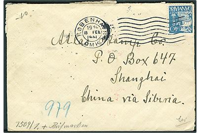 40 øre Karavel single på brev fra København d. 18.2.1941 til Shanghai, Kina. Åbnet af tysk censur i Berlin.