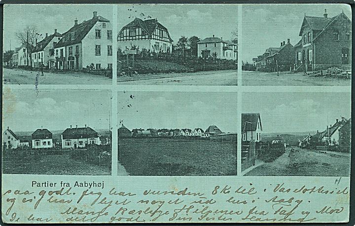 5 øre Bølgelinie i parstykke på brevkort (Partier fra Aabyhøj) annulleret med stjernestempel AABYHØJ og sidestemplet Aarhus d. 27.9.1913 til Cementfabrik Wysoka i Russisk Polen. 