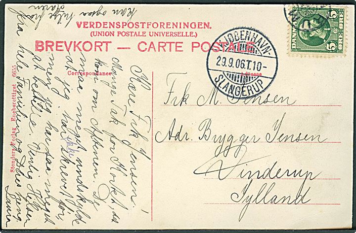 5 øre Chr. IX på brevkort annulleret med stjernestempel FARUM og sidestemplet Kjøbenhavn - Slangerup T. 10 d. 29.9.1906 til Vinderup.