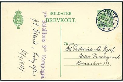 5 øre Soldater-Brevkort fra Holte d. 13.9.1914 til Braaskov St. Violet afs.-stempel: 1ste Bataillons 3die Kompagni.