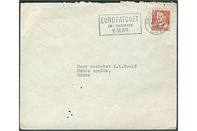 25 øre Fr. IX på brev annulleret med TMS Europatoget er i Danmark 15.-30. Sept./København OMK. d. 13.9.1951 til Hobro.