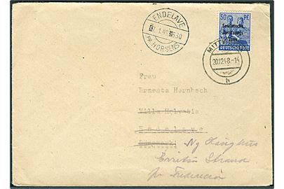 50 pfg. SBZ provisorium på brev fra Mittweida d. 20.12.1948 til Endelave - eftersendt til Erritsø Strand pr. Fredericia med pr.-stempel Endelave pr. Horsens d. 7.1.1949.