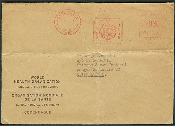 30 øre firmafranko WHO 10 år på fortrykt kuvert fra WHO kontor i København d. 27.6.1956. Folder.