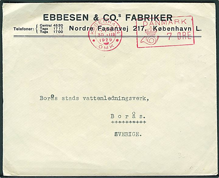 7 øre posthusfranko på tryksag fra København d. 30.3.1929 til Borås, Sverige.