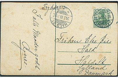 Tysk 5 pfg. Germania på brevkort fra Hagen d. 23.8.1909 til Hald St., Danmark. Ank. stemplet med brotype Ia Hald St. d. 24.8.1909.