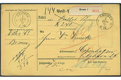 Ufrankeret adressekort for pakke fra Bremen d. 27.10.1876 via Altona Bahnhof til København, Danmark. På bagsiden blå antiqua Kjøbenhavn O.P.E. d. 30.10.1876. Flere påtegninger.