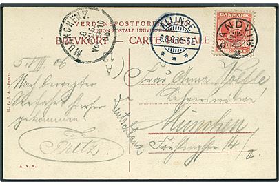 10 øre Chr. IX på brevkort annulleret med stjernestempel SANDVIG og sidestemplet Allinge d. 6.8.1906 til München, Tyskland.