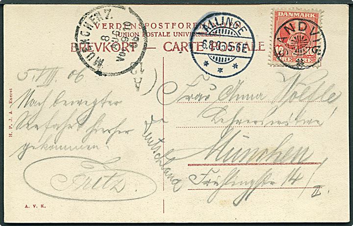 10 øre Chr. IX på brevkort annulleret med stjernestempel SANDVIG og sidestemplet Allinge d. 6.8.1906 til München, Tyskland.