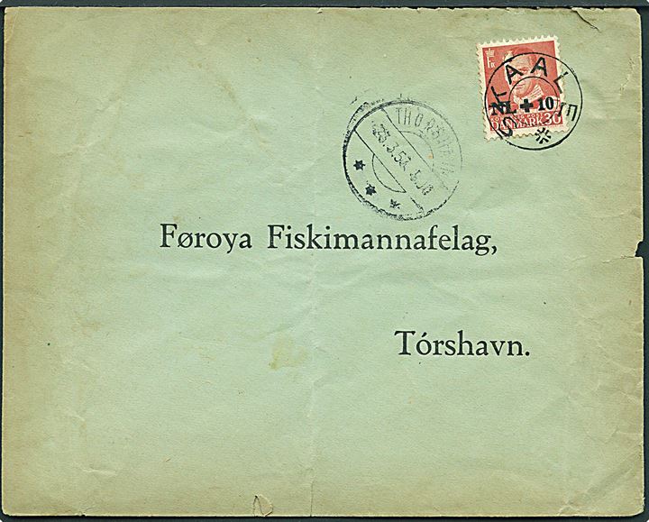 30+10 øre Hollandshjælpen på brev annulleret med udslebet stjernestempel SKAALE og sidestemplet Thorshavn d. 23.3.1953 til Thorshavn.