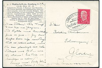15 pfg. Hindenburg på brevkort annulleret med bureaustempel Lübeck - Lüneburg Zug 246 d. 8.8.1934 til Glostrup, Danmark.