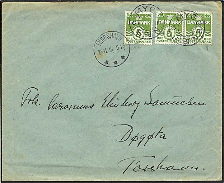 5 øre grøn bølgelinie, et mærke med kort tak, på brev fra Myggenæs d. 23.11.1938 til Tórshavn. Myggenæs stjernestempel. (Kat. pris 2400,- kr.) 