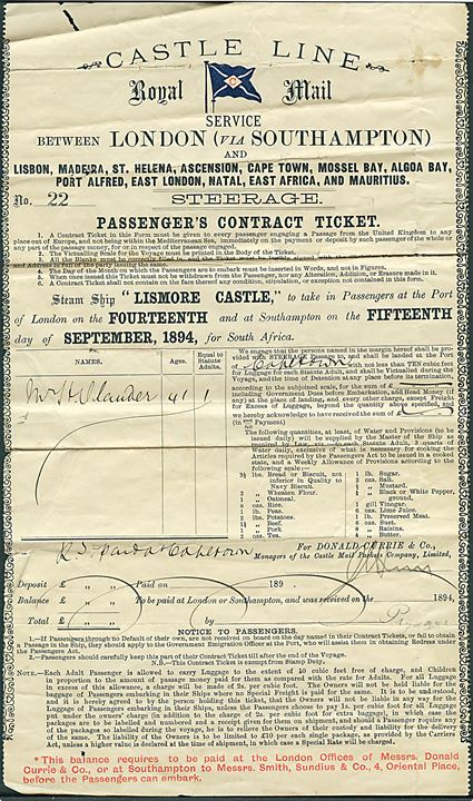 Castle Line. Passager billet for rejse fra London via Southampton til Capetown, South Africa med S/S Lismore Castle d. 15.9.1894.