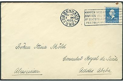 30 øre H. C. Andersen single på brev fra København d. 5.10.1935 til svenske konsulat i Addis Abeba, Abessinien. Sendt 3 dage efter den italienske invasion af Abessinien d. 2.10.1935.
