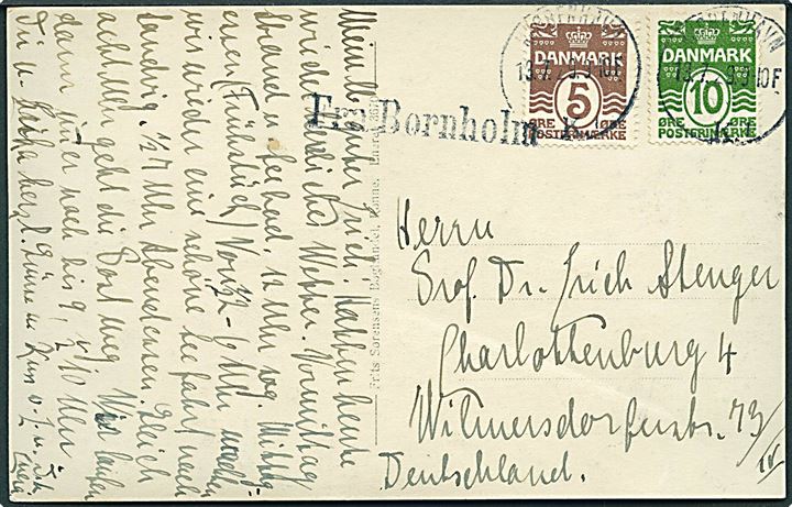 5 øre og 10 øre Bølgelinie på brevkort stemplet Kjøbenhavn K. d. 13.7.1929 og sidestemplet Fra Bornholm til Charlottenburg, Tyskland.