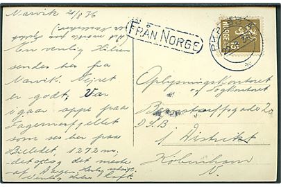Norsk 15 øre Løve (hj. skade) på brevkort fra Narvik annulleret med svensk bureaustempel PKP 53A (= Boden-Kiruna) d. 22.8.1936 og sidestemplet Från Norge til København, Danmark.