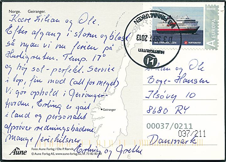 Hurtigruten A-Europa mærke med MS Finnmarken på brevkort fra Geiranger stemplet Hurtigruten / MS Finnmarken d. 3.9.2013 til Ry, Danmark.