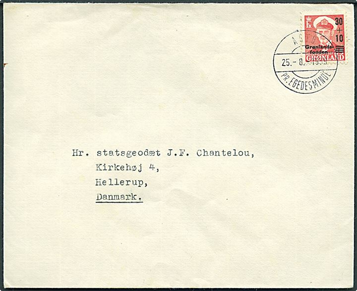 30+10/25 øre Grønlandsfonden single på brev annulleret med pr.-stempel Agto pr. Egedesminde d. 25.8.1959 til Hellerup. Fra Geodætisk Instituts opmålingskutter Ole Rømer. 