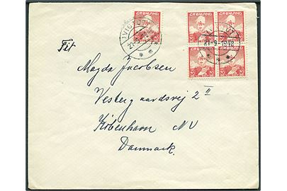 20 øre Chr. X i single og fireblok på brev fra Ivigtut d. 21.9.1948 til København.