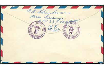 Amerikansk 7 cents luftpost helsagskuvert opfrankeret med 4 cents (2) Lincoln og 50 cents Anthony sendt anbefalet med sjældent stempel New York N.Y. Army & Air Force Postal Service A.P.O. 23 (= Thule Air Base) d. 15.4.1960 til Lyngby, Danmark.