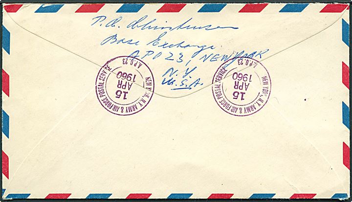 Amerikansk 7 cents luftpost helsagskuvert opfrankeret med 4 cents (2) Lincoln og 50 cents Anthony sendt anbefalet med sjældent stempel New York N.Y. Army & Air Force Postal Service A.P.O. 23 (= Thule Air Base) d. 15.4.1960 til Lyngby, Danmark.